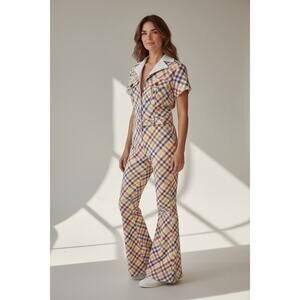 Smak Parlour 1970s  Colorful Check Flare Bell Bottoom Jumpsuit Medium